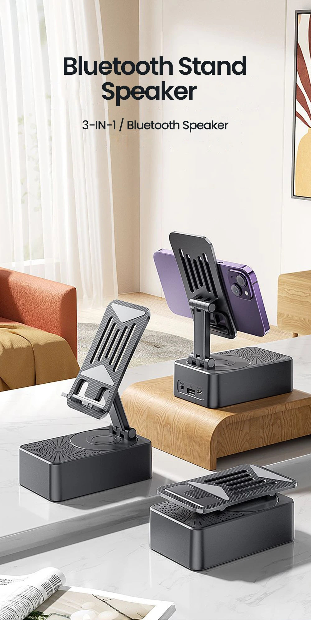 Soporte para teléfono móvil 3 en 1, Altavoz Bluetooth, Banco de energía, soporte para teléfono, soporte Universal plegable para teléfono móvil de escritorio para teléfono inteligente