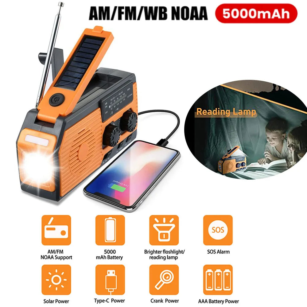 LOTOTG-Radio portátil de energía Solar de emergencia, manivela de carga AM/FM, Radio meteorológica, linterna de lectura Led, cargador de teléfono bancario