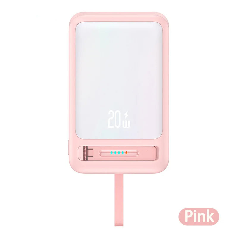 Banco de energía con Cable de datos, Banco de energía magnético para iPhone 15, teléfono móvil, carga inalámbrica rápida PD20W con soporte, Banco de energía