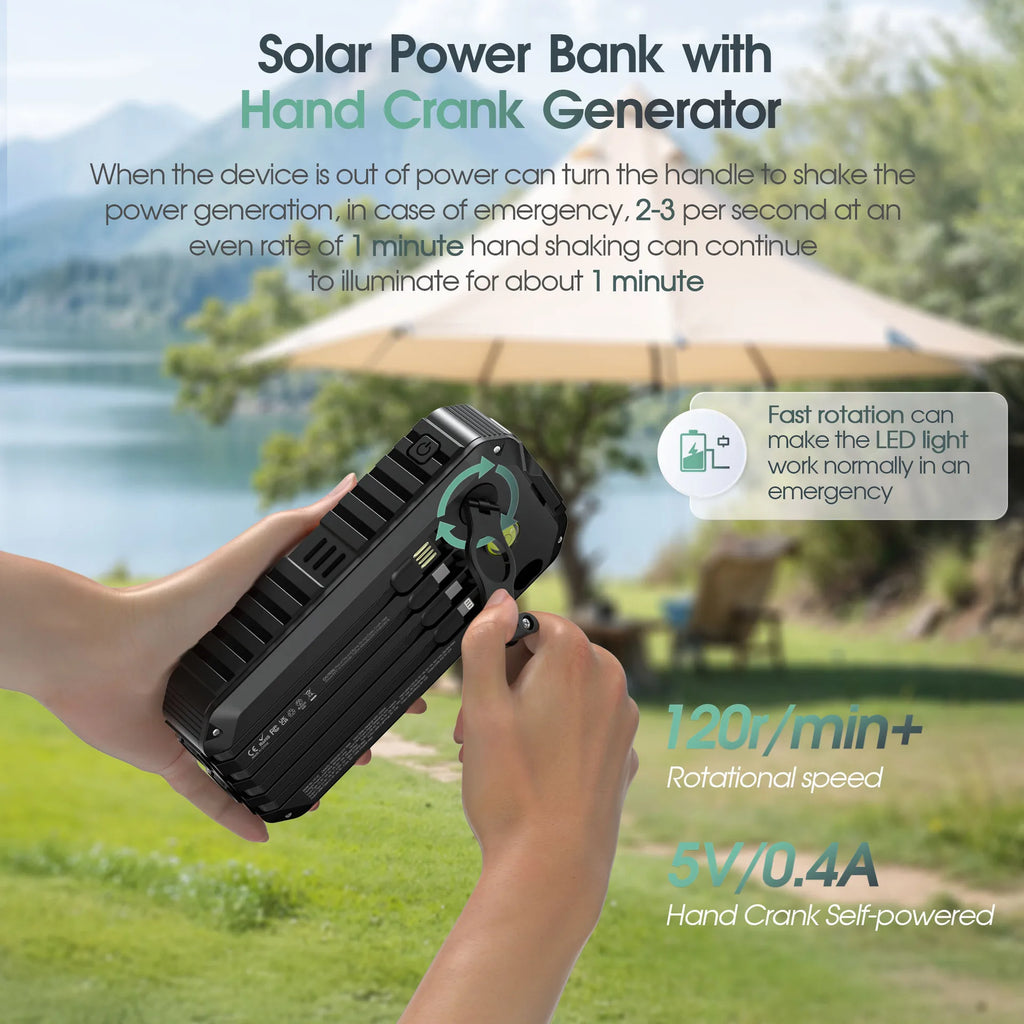 Banco de energía Solar de 40000mAh con manivela, cargador rápido portátil de 22,5 W, Cable incorporado, batería externa para teléfonos, Camping al aire libre