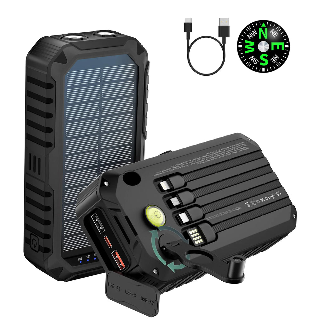 Banco de energía Solar de 40000mAh con manivela, cargador rápido portátil de 22,5 W, Cable incorporado, batería externa para teléfonos, Camping al aire libre