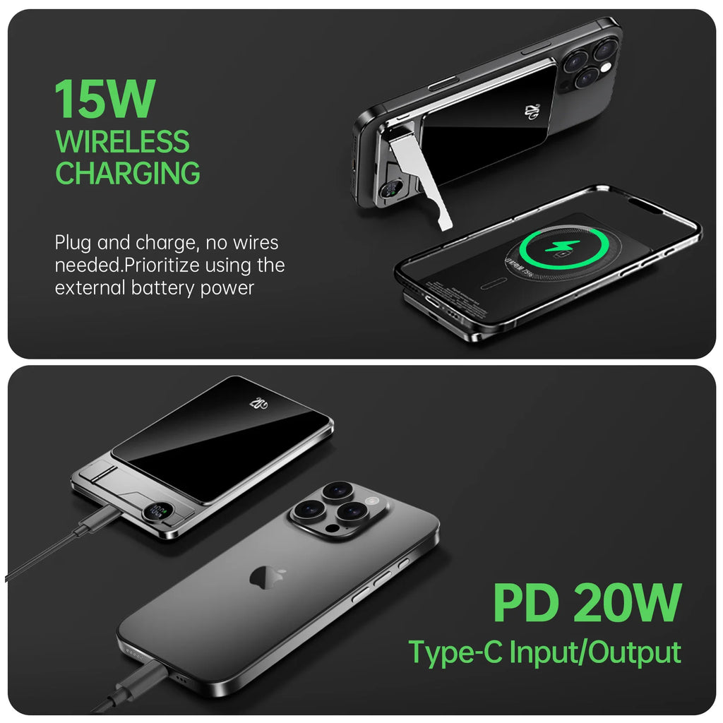 Cargador portátil Powerbank con Cable PD20W banco de energía inalámbrico 15W con soporte para teléfono pantalla LED batería de respaldo para teléfono móvil